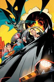 BATMAN SUPERMAN WORLDS FINEST #1 CVR I INC 1:100 DAN MORA VIRGIN JERRY SEINFELD IN THE BAT-MOBILE GETTING COFFEE CARD STOCK VAR