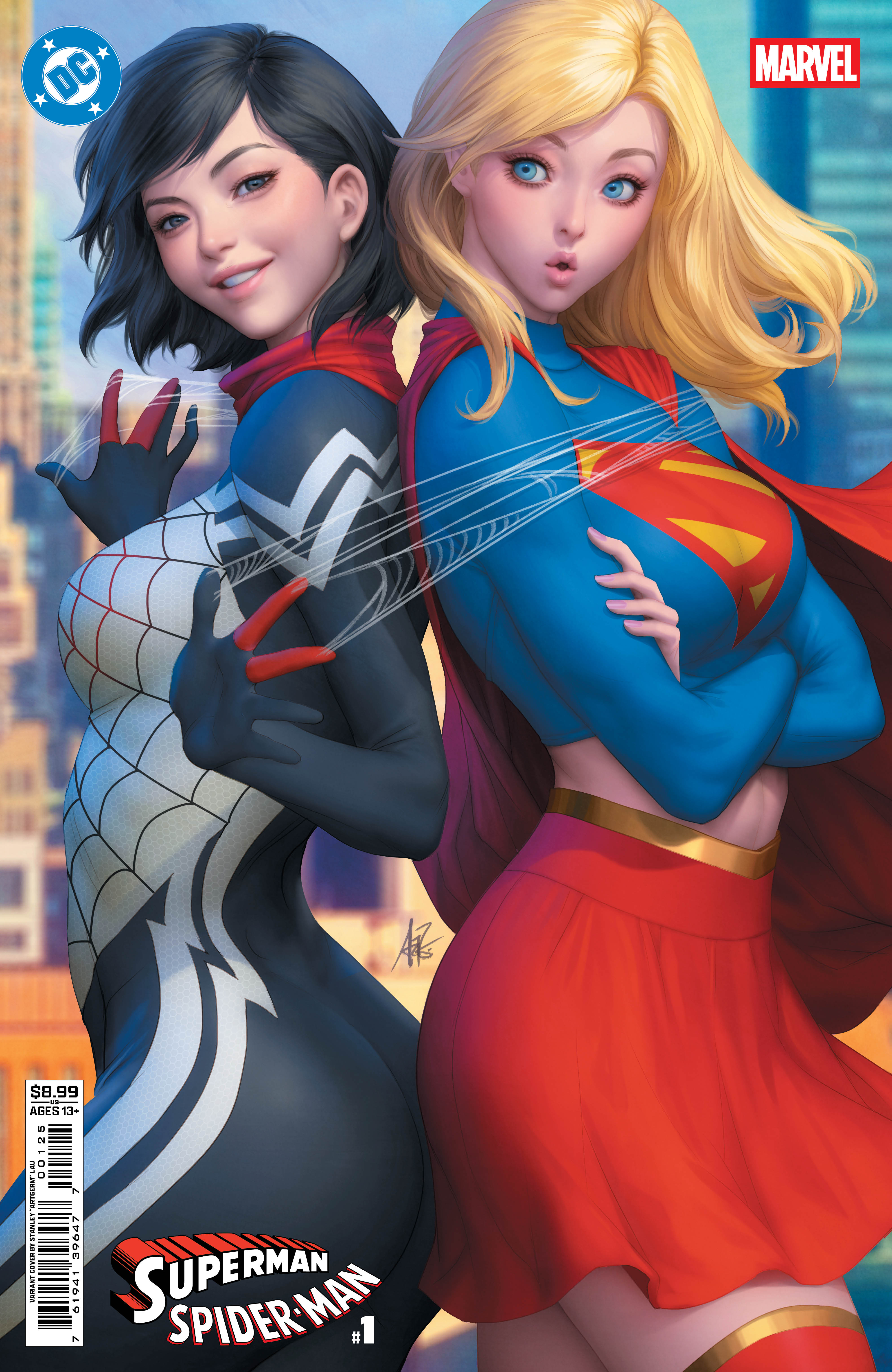 76194139647700125 | DC MARVEL SUPERMAN SPIDER MAN @1 (ONE SHOT) COVER M STANLEY ARTGERM LAU SUPERGIRL & SILK CARD STOCK VARIANT | DC  