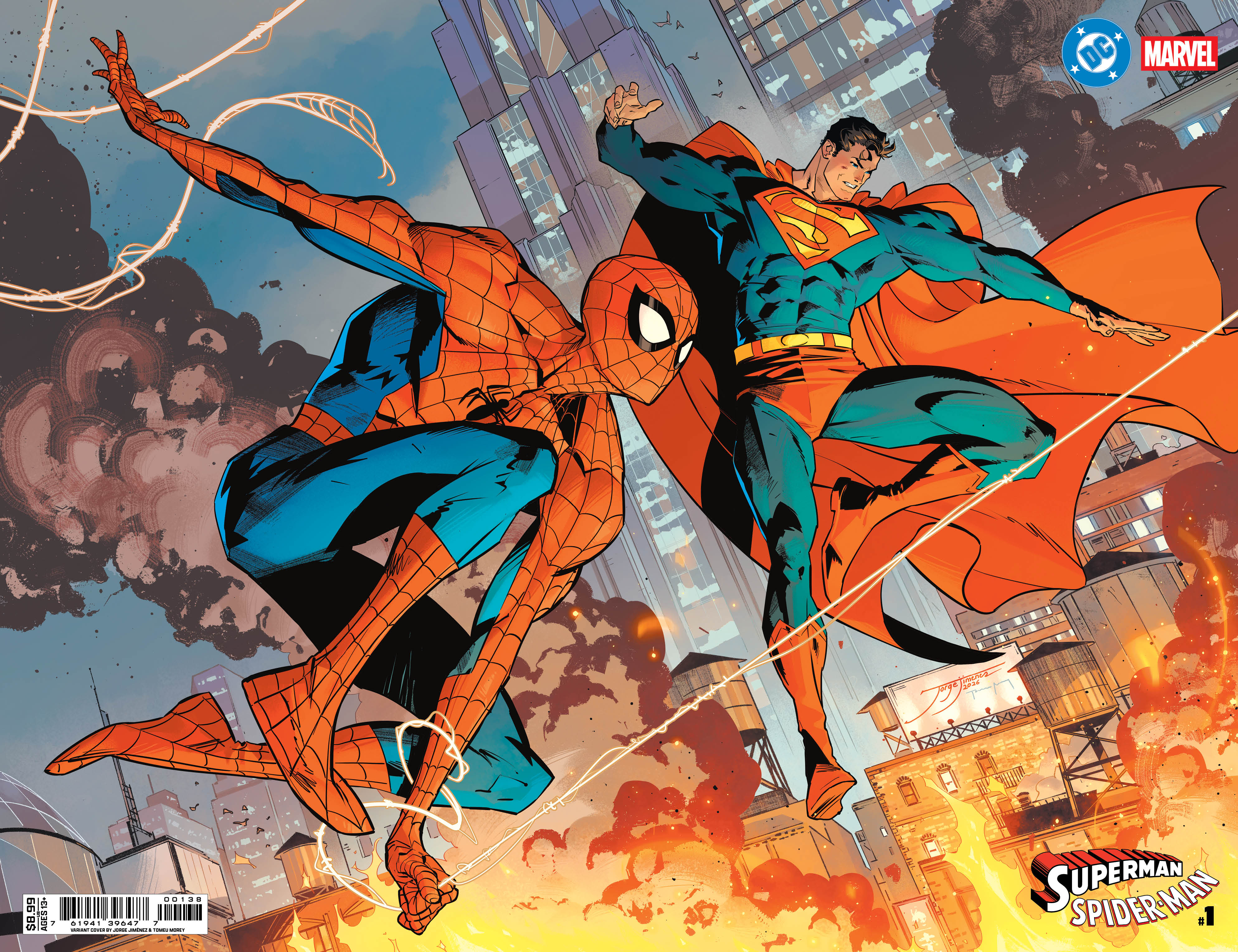 76194139647700138 | DC MARVEL SUPERMAN SPIDER MAN @1 (ONE SHOT) COVER X JORGE JIMENEZ WRAPAROUND CARD STOCK VARIANT | DC  